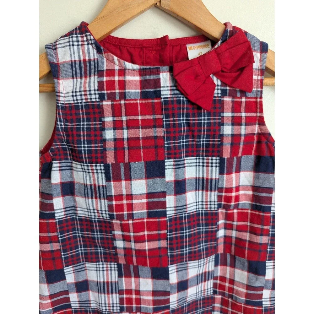 Gymboree Girls 4T Plaid Madras Patchwork Jumper Dress Red White Blue Patriotic